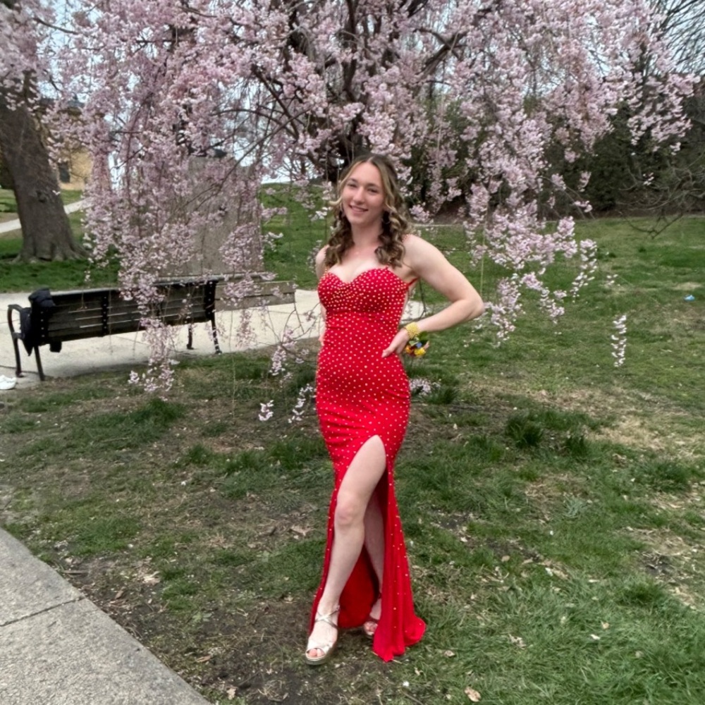 Jovani Floor Length Sparkly Red Prom Dress With Slit